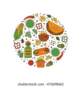 Vector set of mexican icons food in linear style. Mexican national traditional food and drink flat icon set isolated on white background. Perfect for for web site, applications.