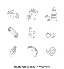 Vector set of mexican icons food in linear style. Mexican national traditional food and drink flat icon set isolated on white background. Perfect for for web site, applications.