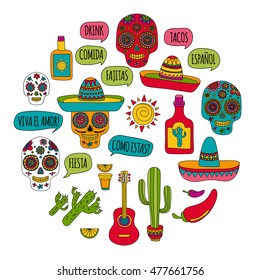 Vector set of mexican icons Hello! How are you? Food and drinks of mexican cuisine.