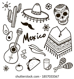 Vector set of mexican national things. Doodle sketch style. Mexico set. 