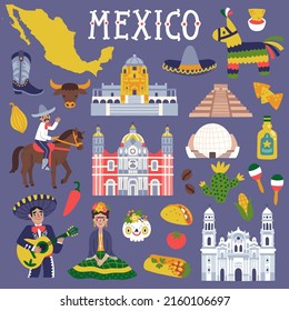 Vector set of Mexican symbols: Mexico map, Mexican landmarks, people, food and drinks. Travel collection with Mexican icons. Cute set of hand drawn doodles.