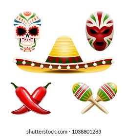 Vector set of mexican symbols such as sombrero, maracas, chili peppers, sugar skull calavera and wrestler mask.