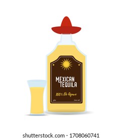 Vector conjunto de tequila mexicana - botella de vidrio con tomas. Bebida alcohólica para el menú del restaurante, pancarta promocional o afiche publicitario. Dibujo de estilo plano.