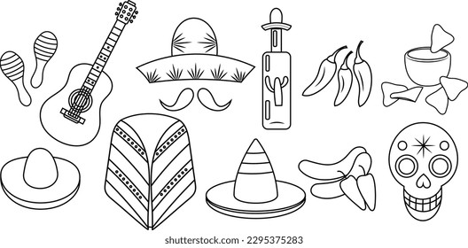 Conjunto vectorial de elementos méxico en un estilo plano a mano aislado sobre fondo blanco. Iconos para fiesta, celebración, patrones nacionales, decoración, comida tradicional.