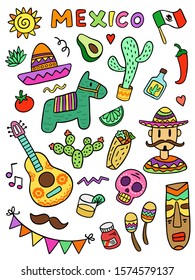 Vector set of mexico elements. Illustrations in hand drawn doodle style isolated on white background. National symbols, decoration, traditional mexican food.