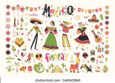Vector set of mexico elements, skeleton characters, animals in flat hand drawn style isolated on white background. Icons for fiesta, celebration, national patterns, decoration, traditional food.