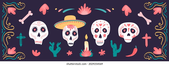 Vector set of Mexico elements and symbols in flat hand drawn style isolated on dark background. Dia de los muertos. Horizontal banner with sugar skulls and floral decoration. Day of the dead.