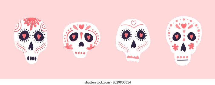 Vector set of Mexico sugar skulls elements Dia de los muertos symbols in flat hand drawn style isolated on background. Calavera Catrina with floral ornamental decoration. Day of the dead. Illustration