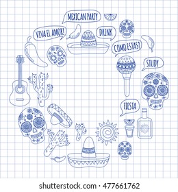 Vector set of Mexicon doodle icons Hello. Love. How are you. Food. Drinks.