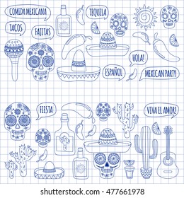 Vector set of Mexicon doodle icons Hello. Love. How are you. Food. Drinks.