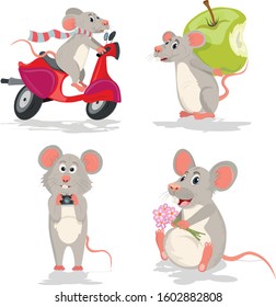 Vector set with mice or rat. Mouse on a scooter, mouse with apple, mouse with camera and mouse with flowers