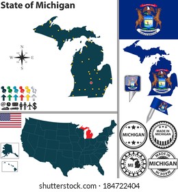 Vector set of Michigan state with flag and icons on white background