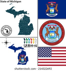 Vector set of Michigan state with seal and icons on white background