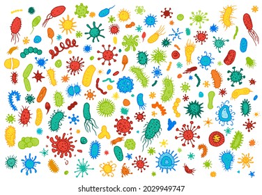 Vector set of microbes and bacteria in red, green and blue colors. A large set of isolated microbes in flat style on a white background for a design template. Sketch pattern with doodle set microbes 