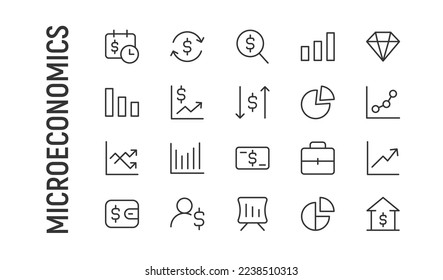 Vector set of microeconomics thin line icons. Design of 20 stroke pictograms. Signs of microeconomics isolated on a white background.