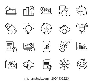 Vector set of Microphone, Document and Continuing education line icons set. Accounting report, Investment graph and Decreasing graph icons. Microphone web symbol. Vector - Shutterstock ID 2054338223