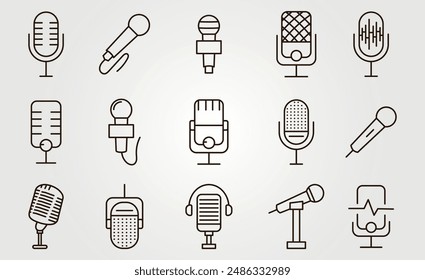 Vector conjunto de iconos de arte de línea de micrófono, audio, onda, auriculares, voz, podcast, signo y símbolo