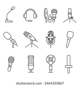 Vector set of microphone simple icons in line style.