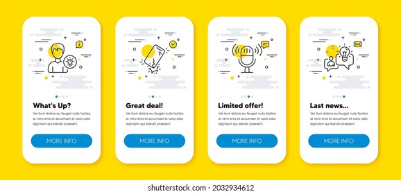Vector set of Microphone, Smartphone broken and Person idea line icons set. UI phone app screens with line icons. Idea icon. Mic, Phone crack, Lamp energy. Solution. Phone UI banners. Vector