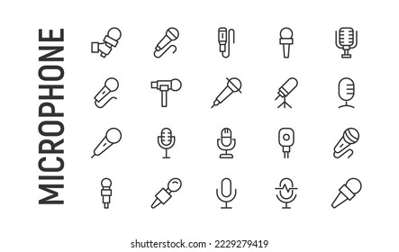 Vector set of microphone thin line icons. Design of 20 stroke pictograms. Signs of microphone isolated on a white background.