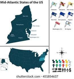 Vector Set Of Mid Atlantic States Of The United States With Flags And Map On White Background