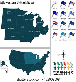 Vector set of Midwestern United States with flags and map on white background