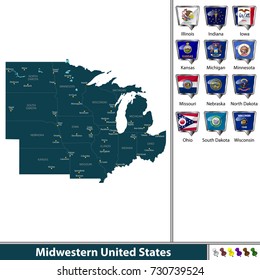 Vector set of Midwestern United States with flags and map on white background