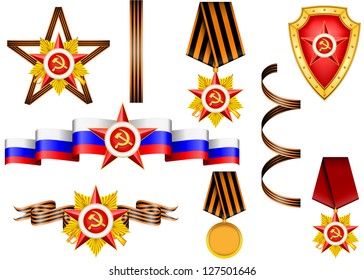 vector set of military objects, related to 23 February and Victory Day