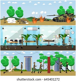 Vector set of military posters, banners. Military actions at the front, wounded soldiers at hospital, army training and parade flat style design elements.