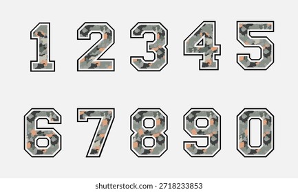 Vector set of military style numbers with camouflage texture, collection of army numbers for tactical design, badges, posters, games and apparel graphics.