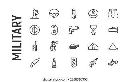 Conjunto vectorial de iconos militares de línea delgada. Diseño de 20 pictogramas de infarto. Señales de ejército aislado en un fondo blanco.