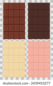 Vector set of Milk Black White White Pink Strawberry chocolate bars
