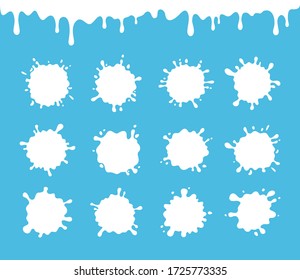 Vector set of milk blots splashes icon for web, mobile app, logo, infographics, packaging. Stains and drops of cream, milkshake. Milk emblem and dairy labels. Milk beverage drops.Grunge paint splashes