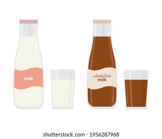 Vector set of milk bottles and glasses with milk. White and chocolate. Realistic execution. For widespread use in print and on the web.