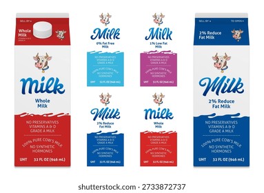 Vector set of milk carton packaging mockups and flat label designs featuring a cartoon cow character and milk splashes