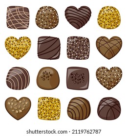 Vector set of milk, dark and golden glitter chocolate candies isolated on white background.
