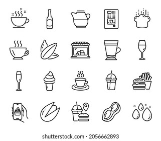 Vector set of Milk jug, Coffee cup and Coffee vending line icons set. Beer, Wineglass and Peanut icons. Water drop, Burger and Cooking hat signs. Champagne glass, Market and Sunflower seed. Vector