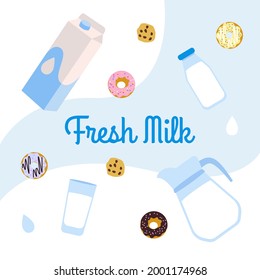 Conjunto vectorial de leche. Jug, vidrio, cartón de leche, galletas, donut, botella de leche.