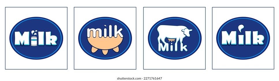 conjunto vectorial de signo, símbolo o logotipo de la leche. útil para diseñadores gráficos o diseño de identidad de marca. vaca usada, leche en vidrio y gota de leche en fondo azul.