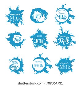 Vector Set of the milk splashes. Milk labels.