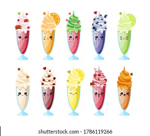 Vector set of milkshakes of different tastes, chocolate, banana, vanilla. Milk shake are made in a cartoon, kawaii style. This layout is ideal for children's menus, holiday decorations and game rooms.