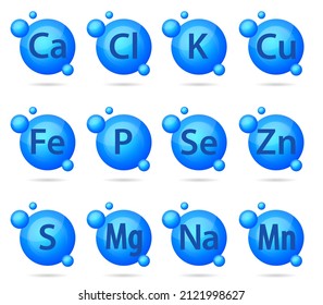 Vector set of mineral complex. Mineral K, Cl, Ca, Cu, Mn, Na, Fe, Mg, Se, Zn, S, P. Multimineral pill capsule supplement concept. Blue drug nutrition design.