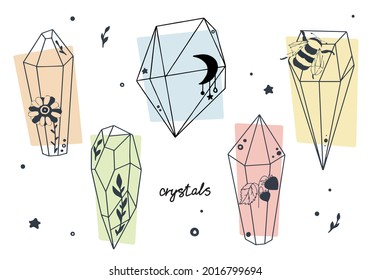 Vector set of minerals, crystals, precious stones and diamonds. Magic crystals of different shapes with different elements. Isolated sparkling gems in the style of doodles on a colored background.