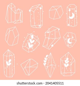 Vector set of minerals, crystals, precious stones, diamonds. Magic crystals with different elements