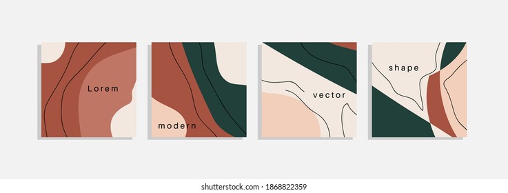 Vector set of minimal backgrounds with abstract organic shapes, hand draw line and sample text. Contemporary collage. Minimal stylish cover for branding design.