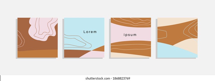 Vector set of minimal backgrounds with abstract organic shapes, hand draw line and sample text. Contemporary collage. Minimal stylish cover for branding design.