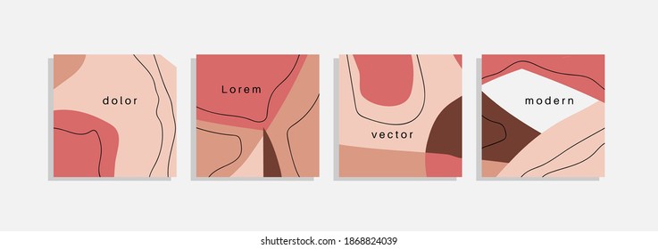 Vector set of minimal backgrounds with abstract organic shapes, hand draw line and sample text. Contemporary collage. Minimal stylish cover for branding design.