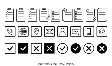 Conjunto vetorial de ícones mínimos em preto e branco, incluindo documentos, listas de verificação, símbolos de comunicação, ícones de contato, marcas de verificação e cruzes. Perfeito para IU, Web, aplicativos e infográficos.