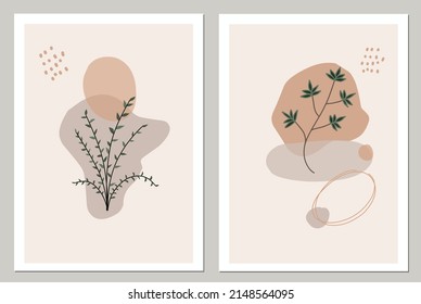 Vector set of minimal boho wall art illustrations perfect for wall decoration. Trendy image with scandinavian style abstract organic plants and shapes.