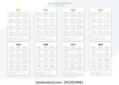 Conjunto de vectores de diseño de calendarios mínimos 2024, 2025, 2026, 2027, 2028, 2029, 2030, plantilla.